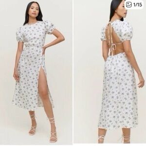 Reformation Dress Anneliese 100% LINEN Blaire Floral White Knit Midi Slit Size 4